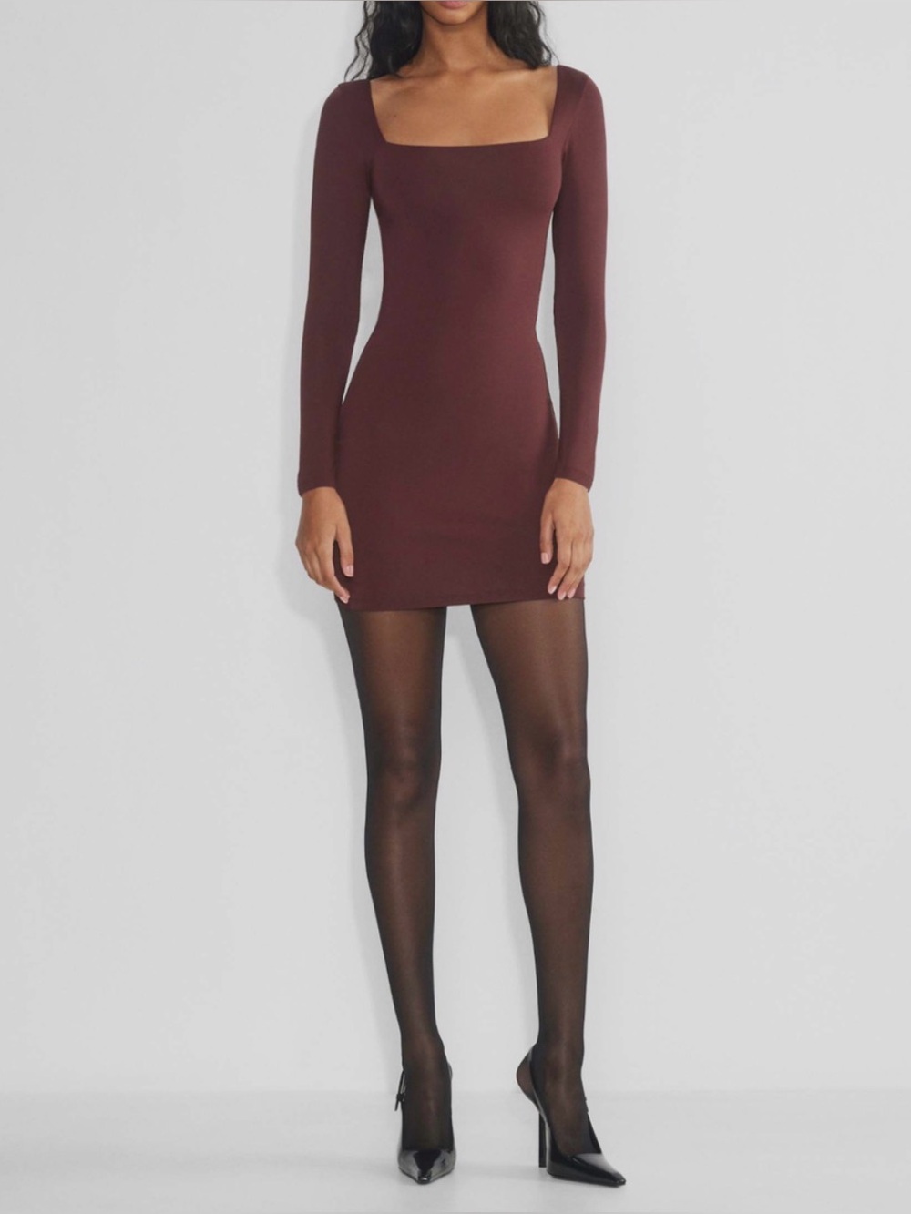 Aritzia Contour Sumac Burgundy Long Sleeve Square neck Mini Dress Sz small